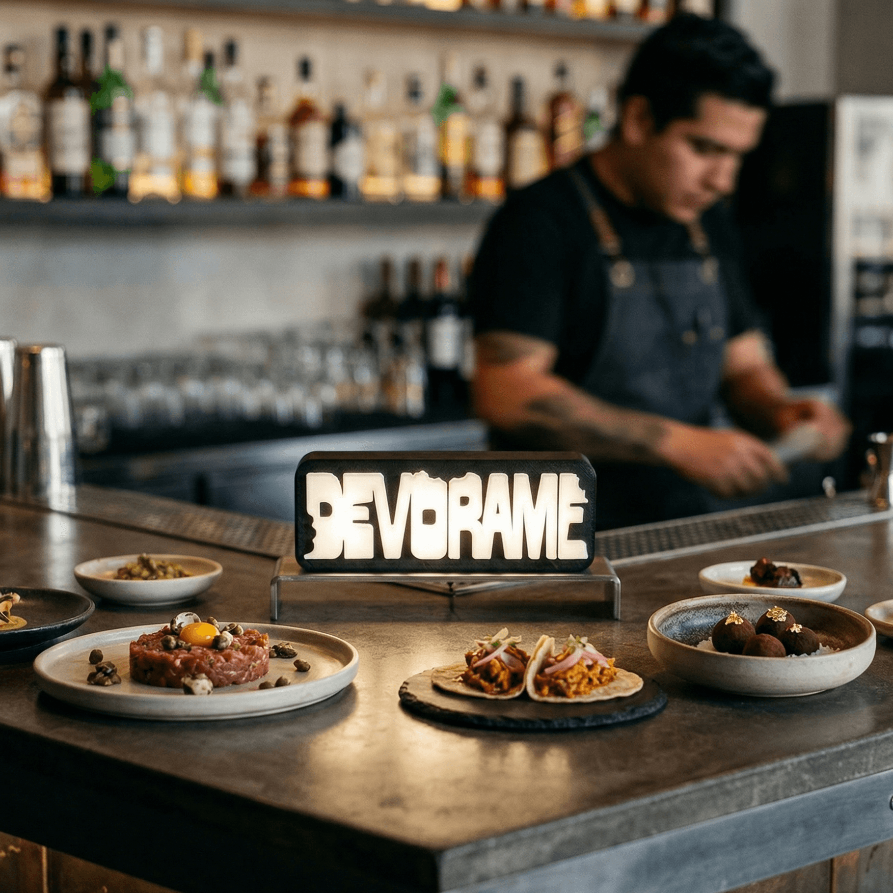 Interior de bar con barra y comida